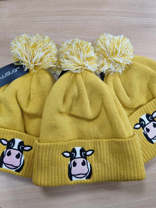 Cow Bobble Hat Olive Mustard/Off White